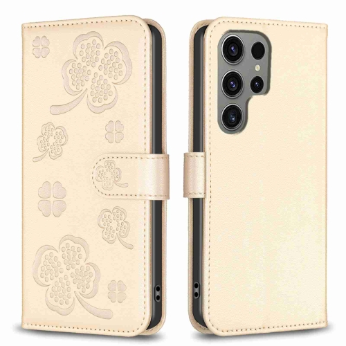 

For Samsung Galaxy S23 Ultra 5G Four-leaf Embossed Leather Phone Case(Gold)