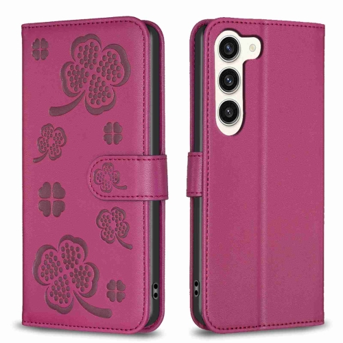 

For Samsung Galaxy S24+ 5G Four-leaf Embossed Leather Phone Case(Rose Red)