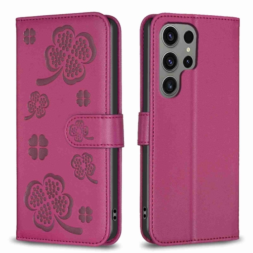 

For Samsung Galaxy S24 Ultra 5G Four-leaf Embossed Leather Phone Case(Rose Red)