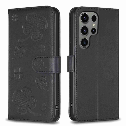 For Samsung Galaxy S24 Ultra 5G Four-leaf Embossed Leather Phone Case(Black)