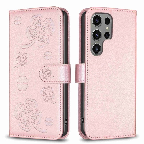 

For Samsung Galaxy S24 Ultra 5G Four-leaf Embossed Leather Phone Case(Pink)