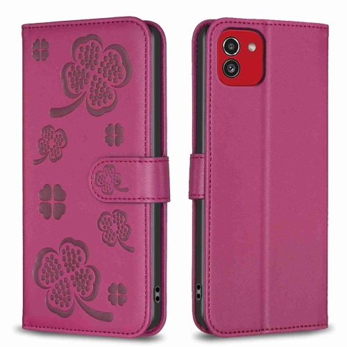 

For Samsung Galaxy A03 166mm Four-leaf Embossed Leather Phone Case(Rose Red)