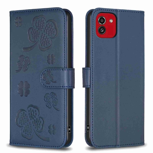 

For Samsung Galaxy A03 166mm Four-leaf Embossed Leather Phone Case(Blue)