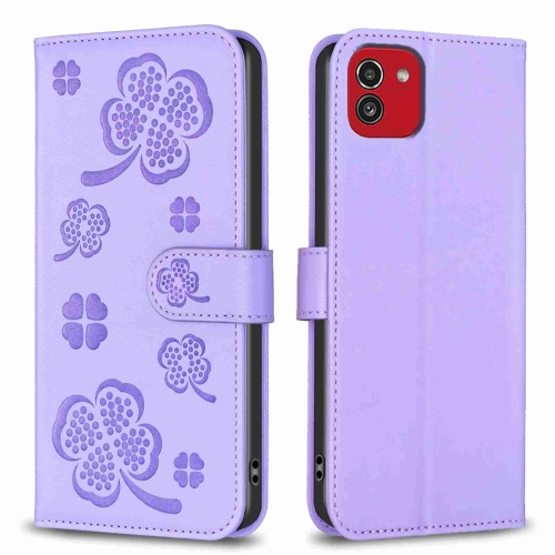 

For Samsung Galaxy A03 166mm Four-leaf Embossed Leather Phone Case(Purple)