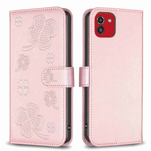 

For Samsung Galaxy A03 166mm Four-leaf Embossed Leather Phone Case(Pink)