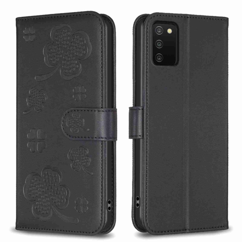 

For Samsung Galaxy A03s / A02s Four-leaf Embossed Leather Phone Case(Black)