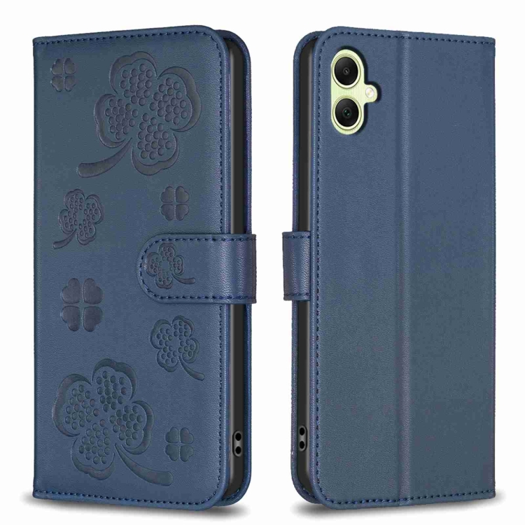 

For Samsung Galaxy A05 Four-leaf Embossed Leather Phone Case(Blue)