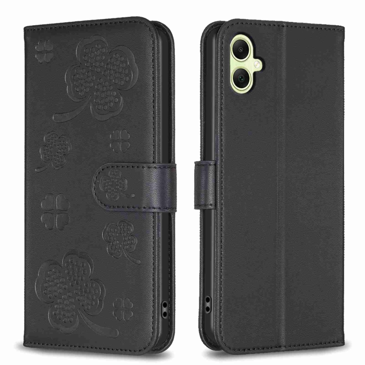 

For Samsung Galaxy A05 Four-leaf Embossed Leather Phone Case(Black)