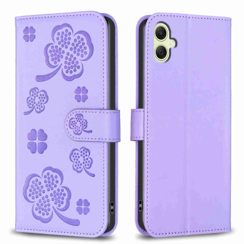 

For Samsung Galaxy A05 Four-leaf Embossed Leather Phone Case(Purple)