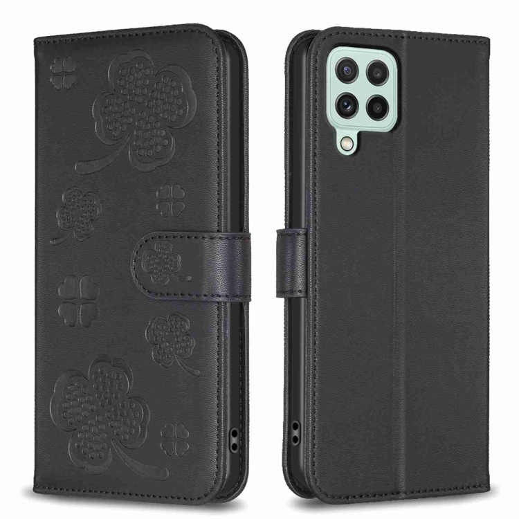 

For Samsung Galaxy A12 Four-leaf Embossed Leather Phone Case(Black)