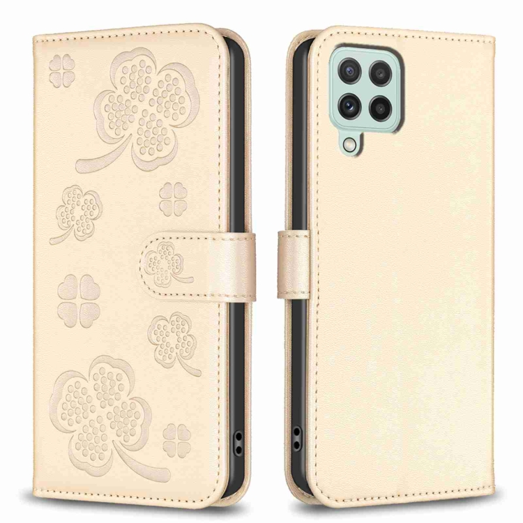 

For Samsung Galaxy A12 Four-leaf Embossed Leather Phone Case(Gold)