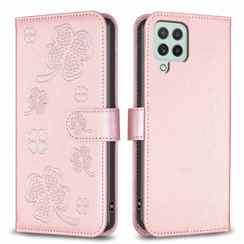 

For Samsung Galaxy A12 Four-leaf Embossed Leather Phone Case(Pink)