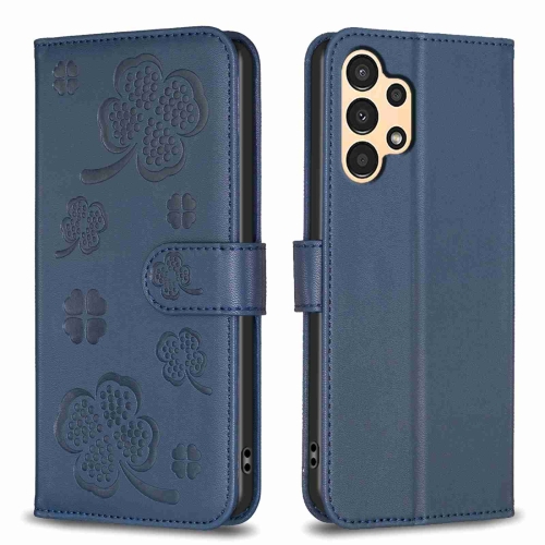 

For Samsung Galaxy A13 / A04 4G Four-leaf Embossed Leather Phone Case(Blue)