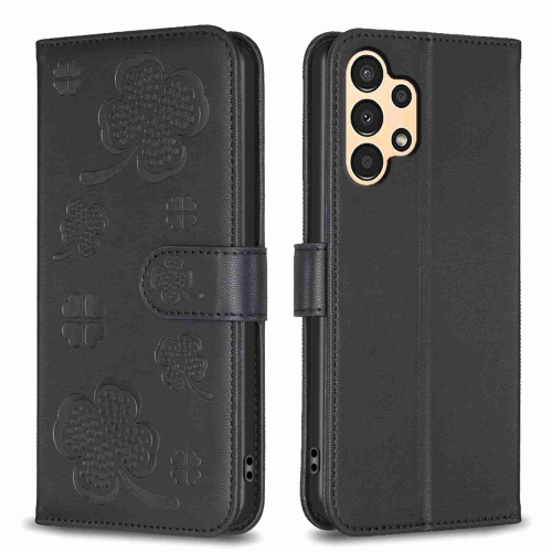 

For Samsung Galaxy A13 / A04 4G Four-leaf Embossed Leather Phone Case(Black)