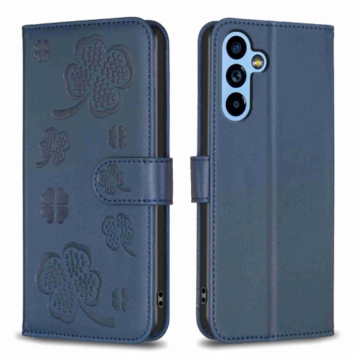 

For Samsung Galaxy A14 Four-leaf Embossed Leather Phone Case(Blue)