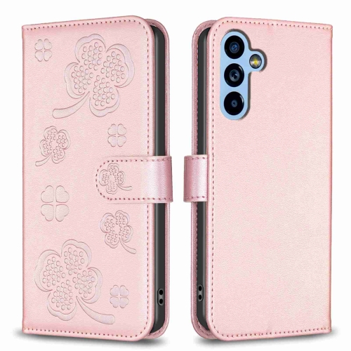 

For Samsung Galaxy A14 Four-leaf Embossed Leather Phone Case(Pink)