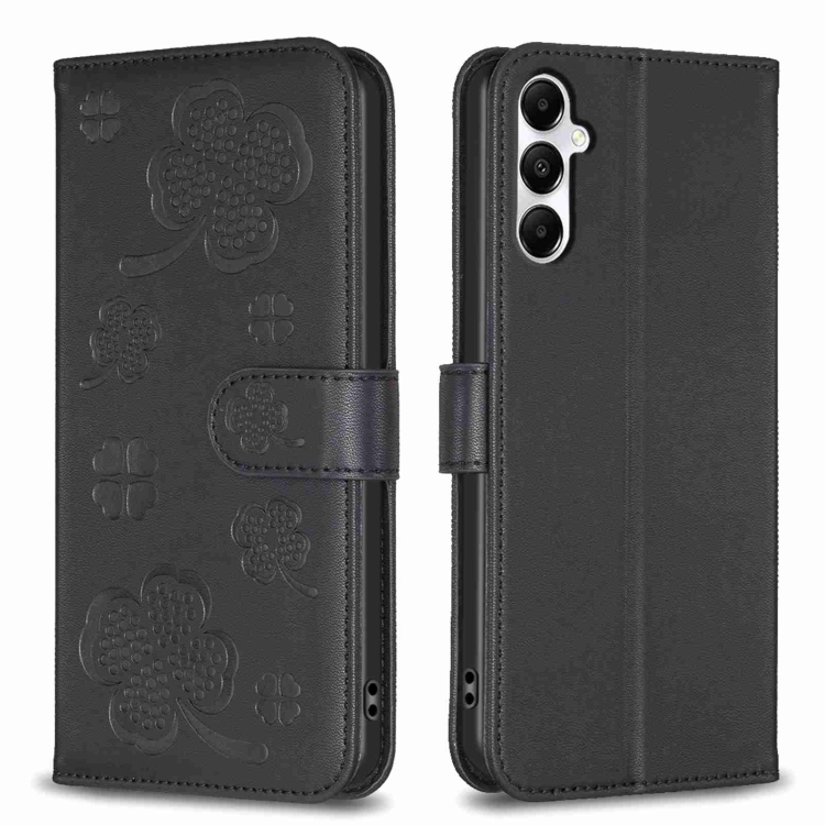

For Samsung Galaxy A15 Four-leaf Embossed Leather Phone Case(Black)