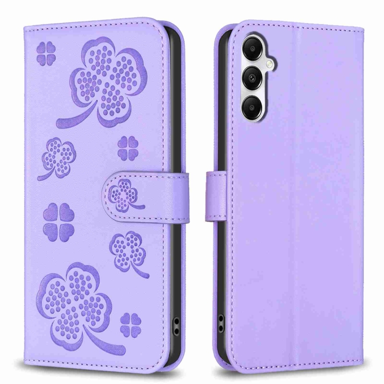 

For Samsung Galaxy A15 Four-leaf Embossed Leather Phone Case(Purple)