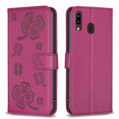 

For Samsung Galaxy A20 / A30 Four-leaf Embossed Leather Phone Case(Rose Red)
