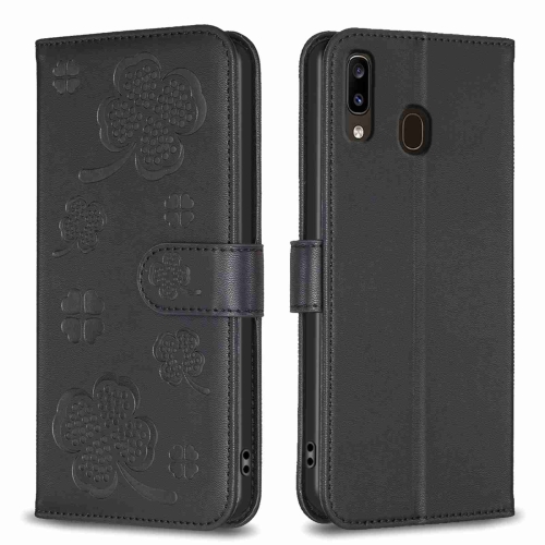 

For Samsung Galaxy A20 / A30 Four-leaf Embossed Leather Phone Case(Black)