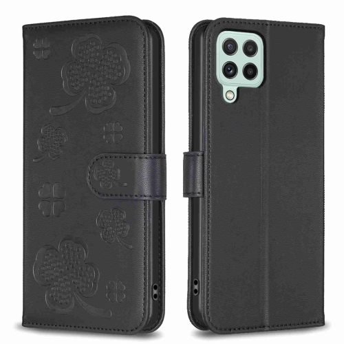 

For Samsung Galaxy A22 4G Four-leaf Embossed Leather Phone Case(Black)