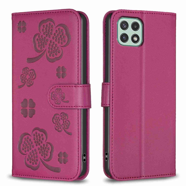 

For Samsung Galaxy A22 5G Four-leaf Embossed Leather Phone Case(Rose Red)
