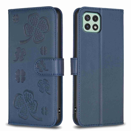 

For Samsung Galaxy A22 5G Four-leaf Embossed Leather Phone Case(Blue)