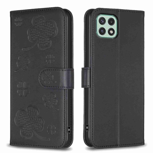 

For Samsung Galaxy A22 5G Four-leaf Embossed Leather Phone Case(Black)