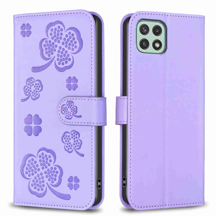 

For Samsung Galaxy A22 5G Four-leaf Embossed Leather Phone Case(Purple)