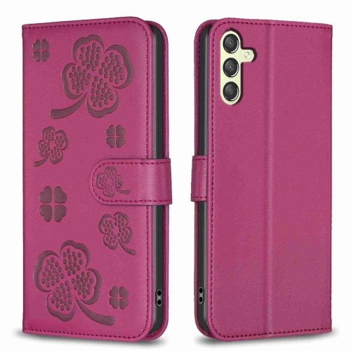 

For Samsung Galaxy A24 4G Four-leaf Embossed Leather Phone Case(Rose Red)