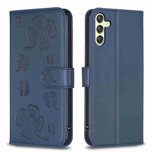 

For Samsung Galaxy A24 4G Four-leaf Embossed Leather Phone Case(Blue)