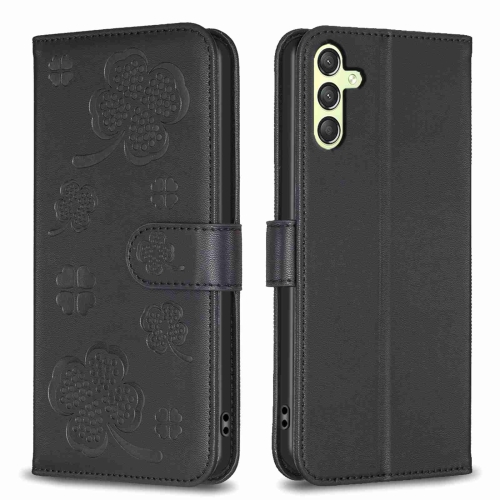 

For Samsung Galaxy A24 4G Four-leaf Embossed Leather Phone Case(Black)