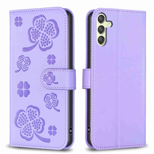

For Samsung Galaxy A24 4G Four-leaf Embossed Leather Phone Case(Purple)