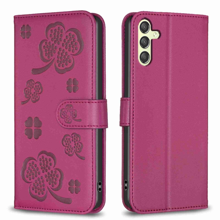 

For Samsung Galaxy A25 5G Four-leaf Embossed Leather Phone Case(Rose Red)