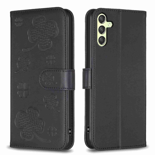 

For Samsung Galaxy A25 5G Four-leaf Embossed Leather Phone Case(Black)