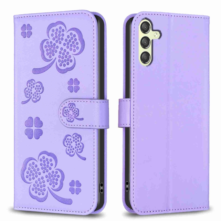 

For Samsung Galaxy A25 5G Four-leaf Embossed Leather Phone Case(Purple)