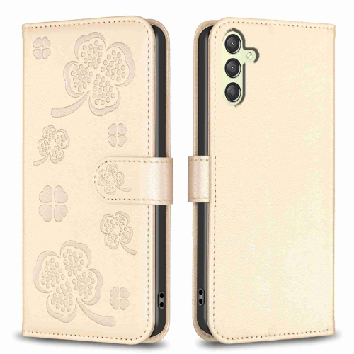 For Samsung Galaxy A25 5G Four-leaf Embossed Leather Phone Case(Gold) vnetphone v8 motorcycle helmet bt intercom headphone real time full duplex intercom nfc fast pairing fm function low noise