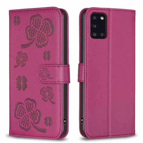 

For Samsung Galaxy A31 Four-leaf Embossed Leather Phone Case(Rose Red)