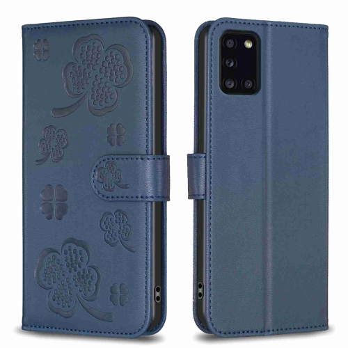 

For Samsung Galaxy A31 Four-leaf Embossed Leather Phone Case(Blue)