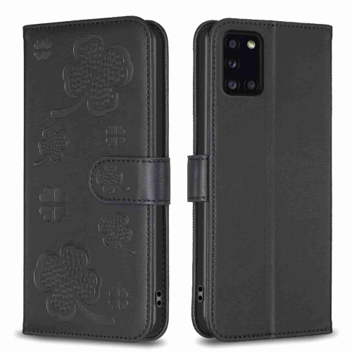 

For Samsung Galaxy A31 Four-leaf Embossed Leather Phone Case(Black)