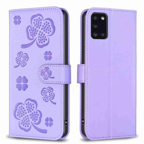 

For Samsung Galaxy A31 Four-leaf Embossed Leather Phone Case(Purple)