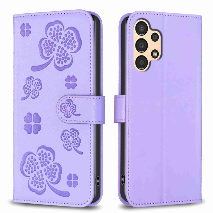 

For Samsung Galaxy A73 5G Four-leaf Embossed Leather Phone Case(Purple)