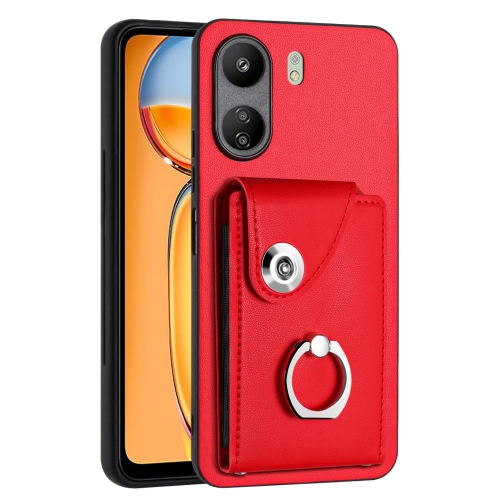 

For Xiaomi Redmi 13C 4G / Poco C65 Organ Card Bag Ring Holder PU Phone Case(Red)