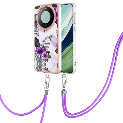 

For Huawei Mate 60 Electroplating IMD TPU Phone Case with Lanyard(Purple Flower)