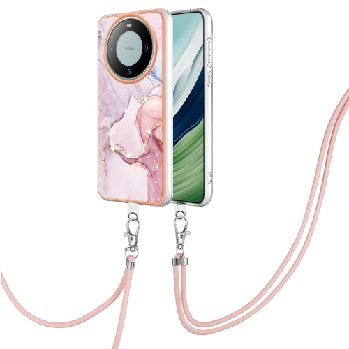 

For Huawei Mate 60 Electroplating Marble Dual-side IMD Phone Case with Lanyard(Rose Gold 005)