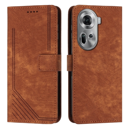 

For OPPO Reno11 5G Global Skin Feel Stripe Pattern Leather Phone Case with Long Lanyard(Brown)