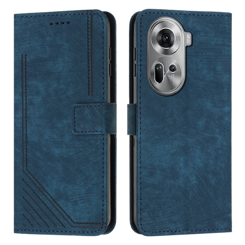 

For OPPO Reno11 5G Global Skin Feel Stripe Pattern Leather Phone Case with Long Lanyard(Blue)