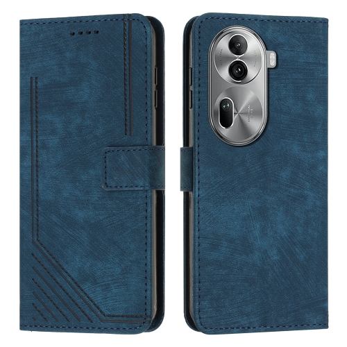 

For OPPO Reno11 Pro Global Skin Feel Stripe Pattern Leather Phone Case with Long Lanyard(Blue)