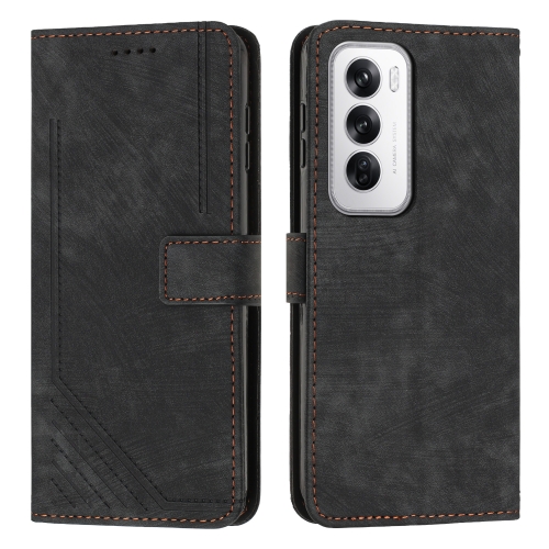 

For OPPO Reno12 5G Global Skin Feel Stripe Pattern Leather Phone Case with Long Lanyard(Black)