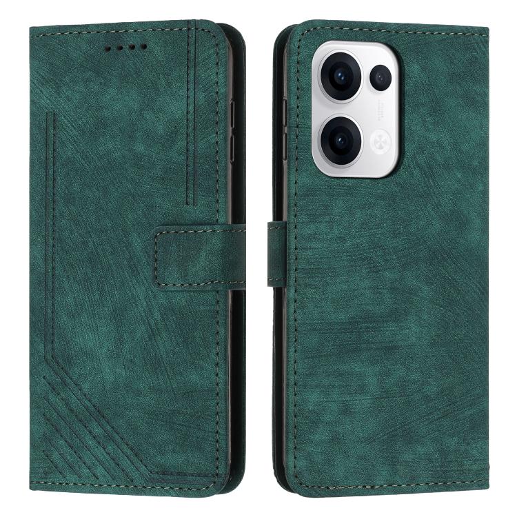 

For OPPO Reno13 5G Global Skin Feel Stripe Pattern Leather Phone Case with Long Lanyard(Green)